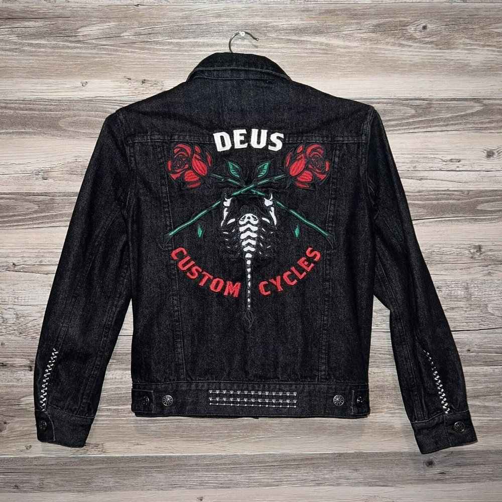 Deus Ex Machina Denim Jacket Womens Size 8 Black Emboridered Scorpion Moto Biker
